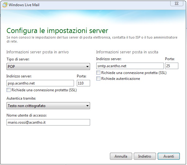 Configura le impostazioni server