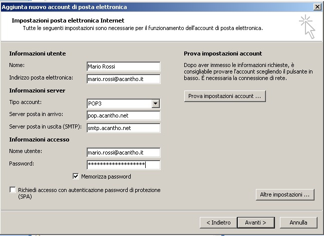 Impostazioni posta elettronica Internet