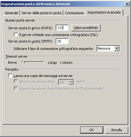 Impostazioni Avanzate (Posta in arrivo POP3)