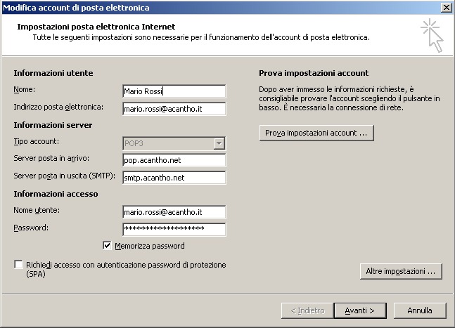 Impostazioni posta elettronica Internet<