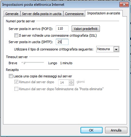 Impostazioni Avanzate (Posta in arrivo POP3)